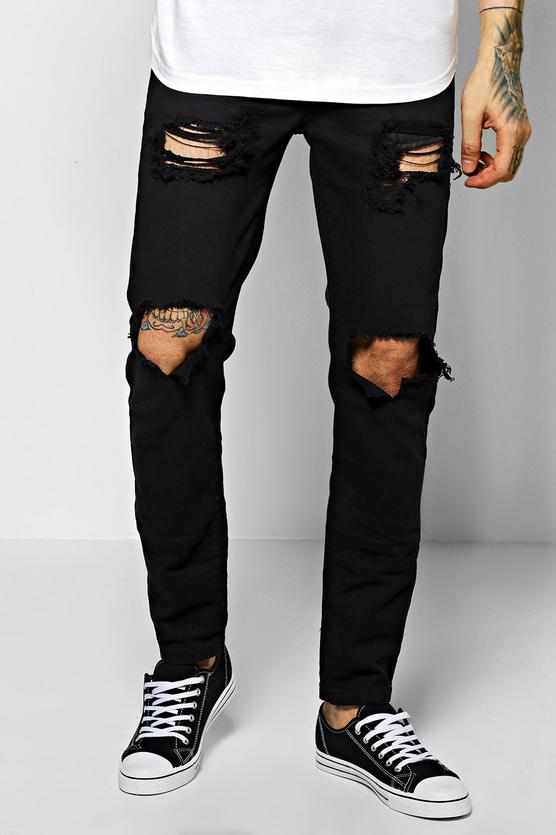 Skinny Fit Black Rigid Jeans With Open Rips